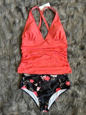 Beachsissi Coral Halter Tankini Top with Black Floral High-Waist Bottoms L